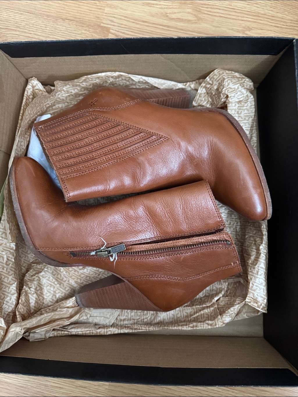 Frye Tan Leather Pointed Ankle Booties With Stacked Heel